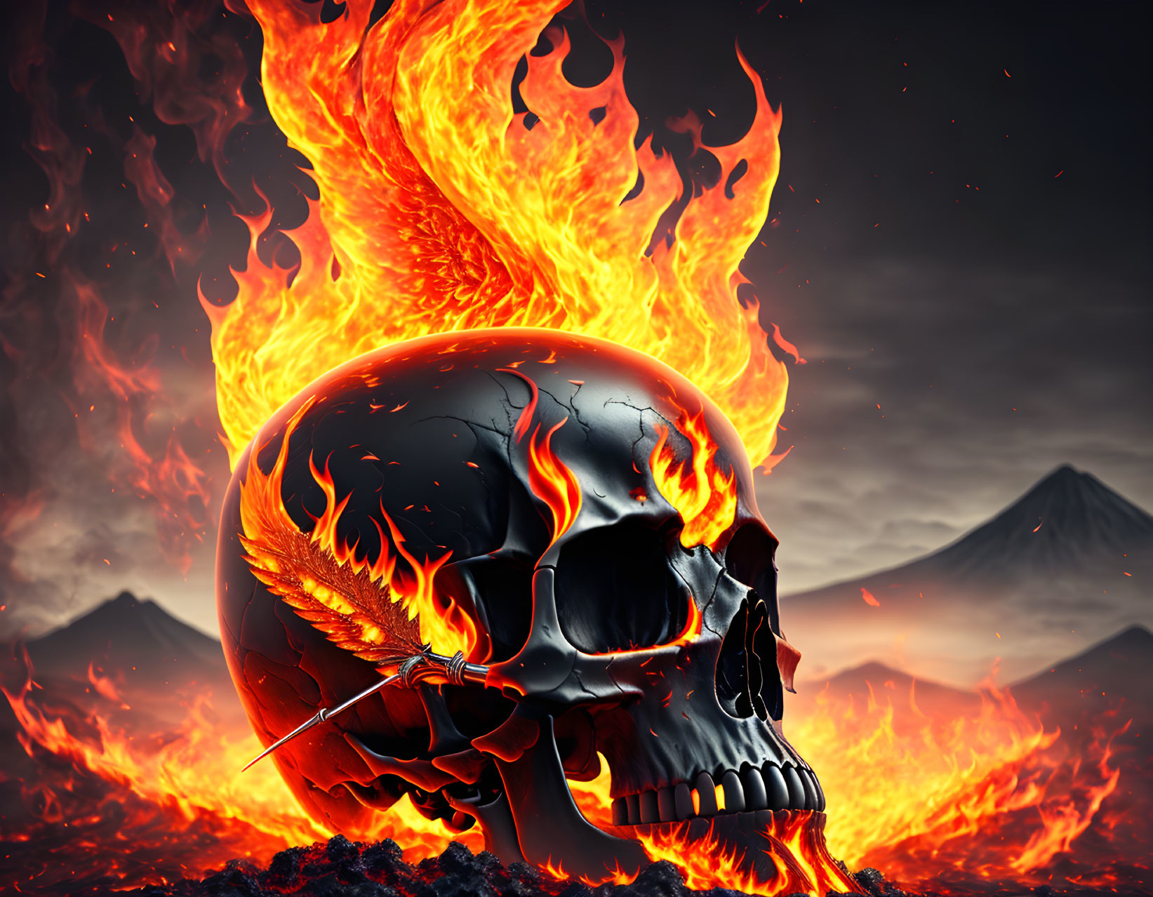 Flaming skull with orange and yellow flames on volcanic landscape