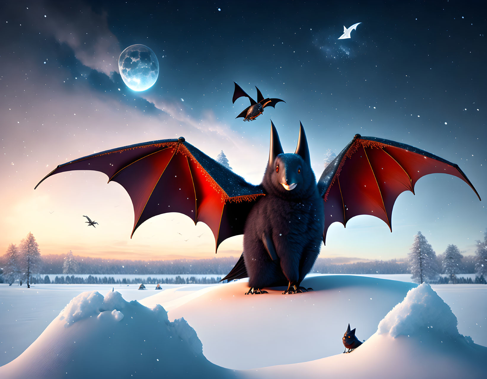 Digital artwork of smiling bats with red wings in snowy landscape
