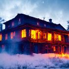 Eerie two-story house with glowing orange windows in misty night scene