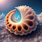 Colorful fractal nautilus shell surrounded by crystalline structures under a soft sky