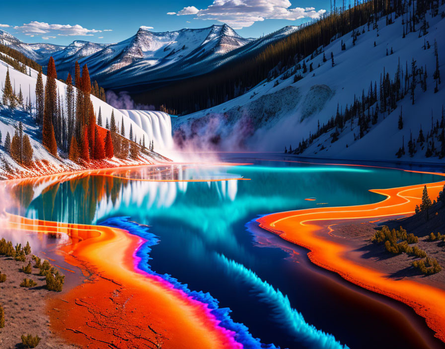 Scenic river with orange and blue hues, snowy mountains, and evergreens
