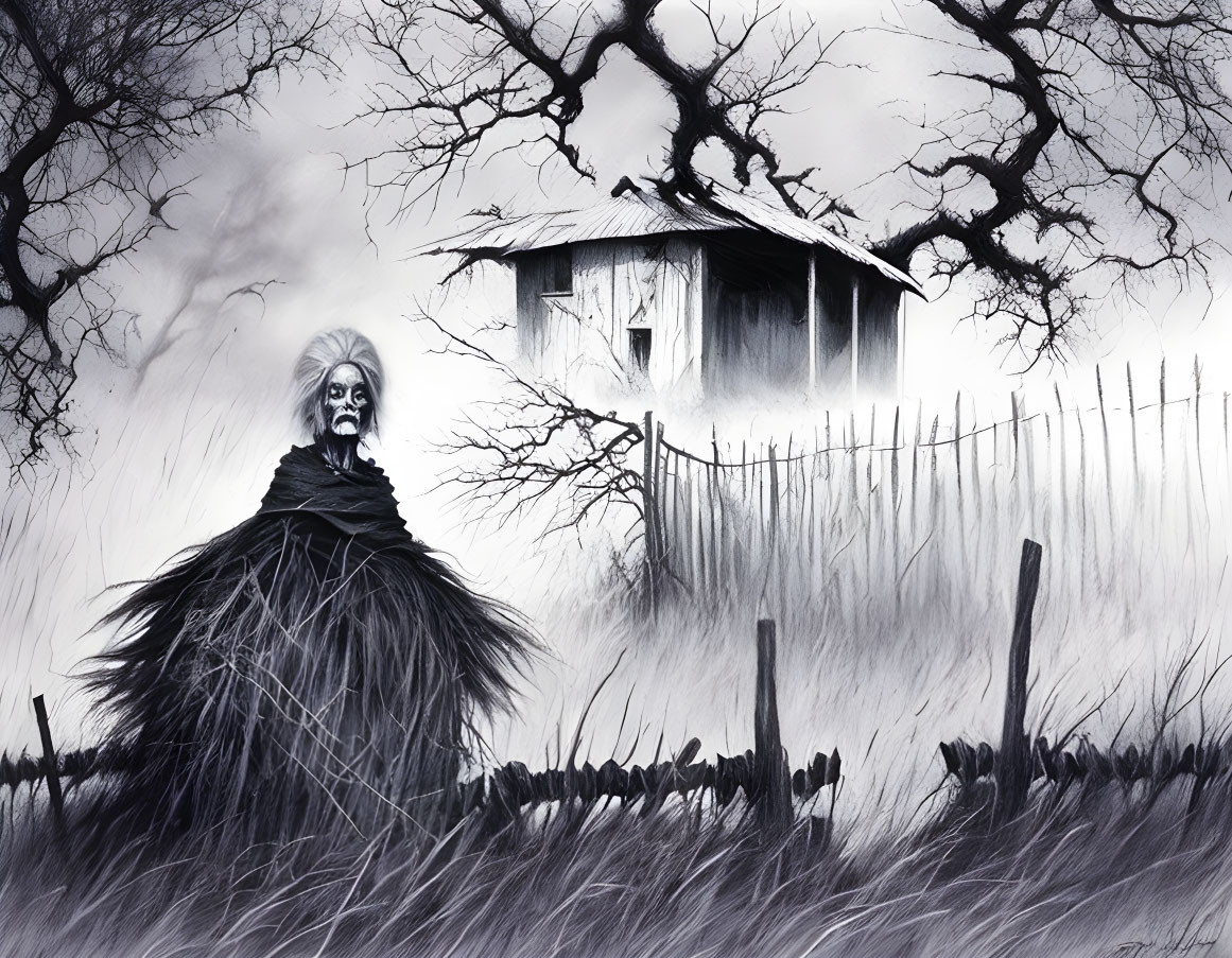 Evil witch haunting a cabin pencil sketch