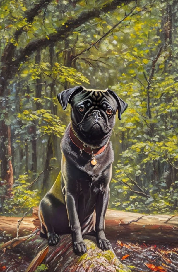 My pug sitting on a log in the forest