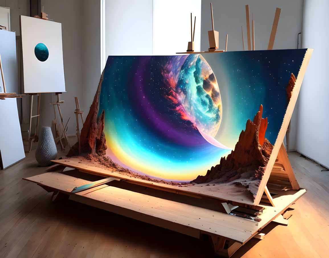 Colorful Space-Themed Painting with Planet and Nebula on Easel