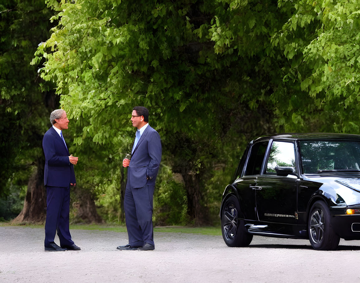 Businessmen chatting by black Mini Cooper under green trees.
