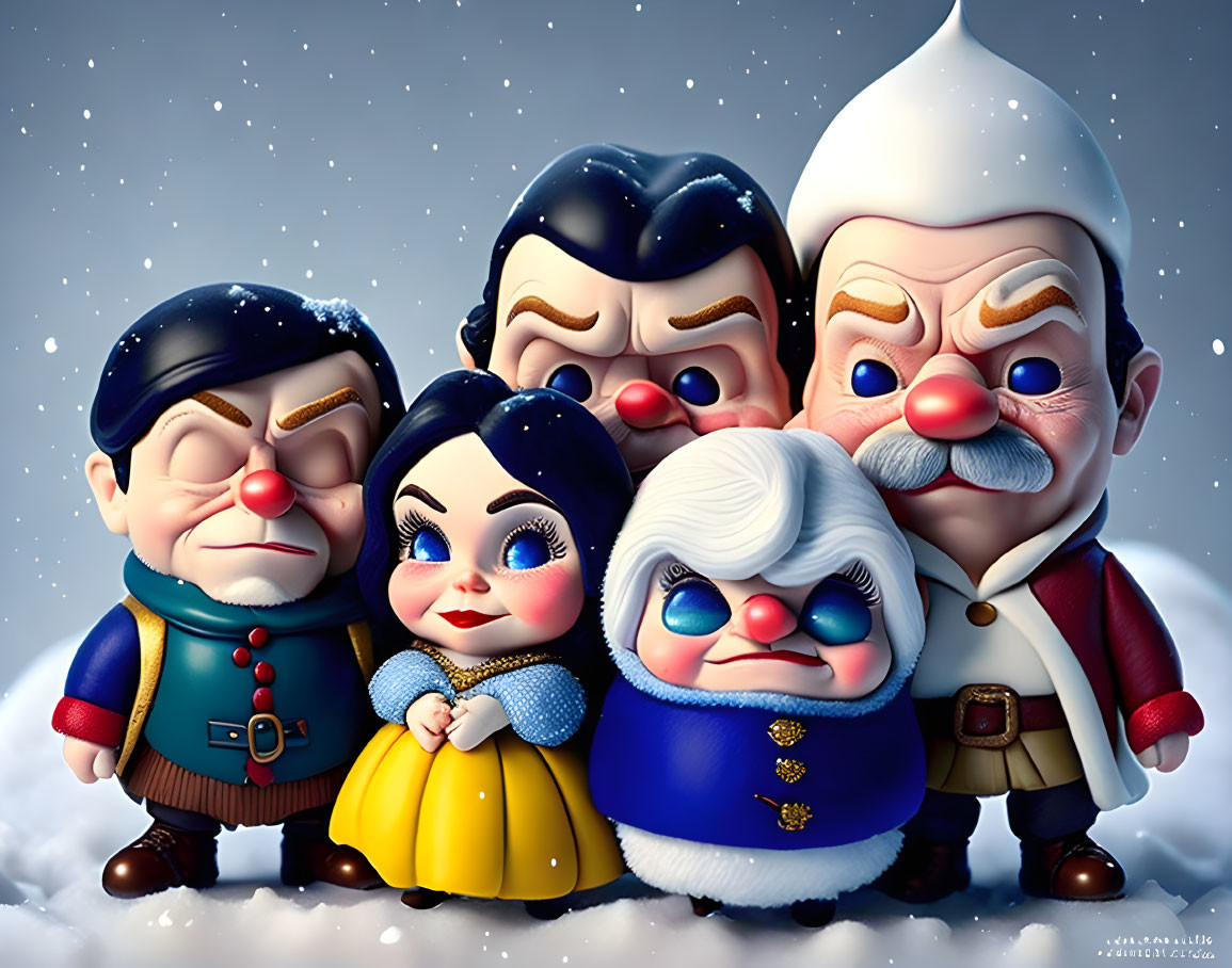 Snow White and Seven Dwarfs characters in stylized illustration