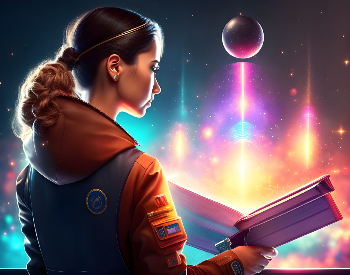Futuristic woman in spacesuit with open book and distant planet in colorful nebulae background
