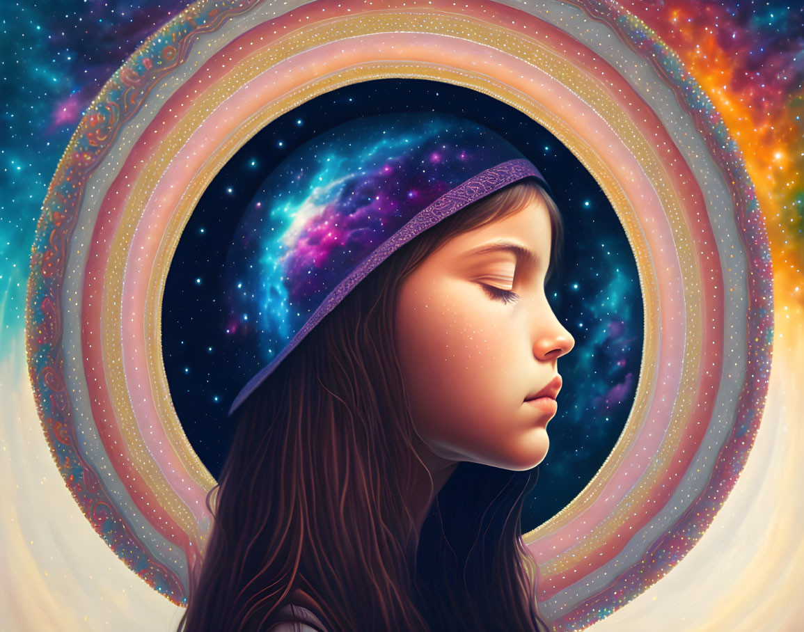 Cosmic galaxy digital illustration of a girl with vibrant halo effect