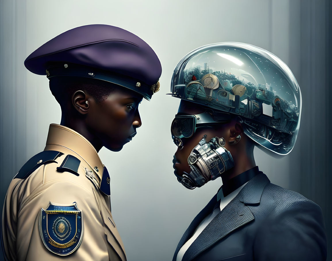 Uniformed person confronts figure with futuristic helmet and intricate cityscape, emphasizing human-cybernet