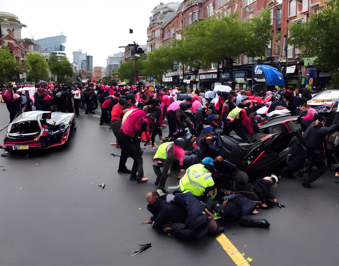 Chaotic urban street scene with pink-shirted people and police officers around flipped car