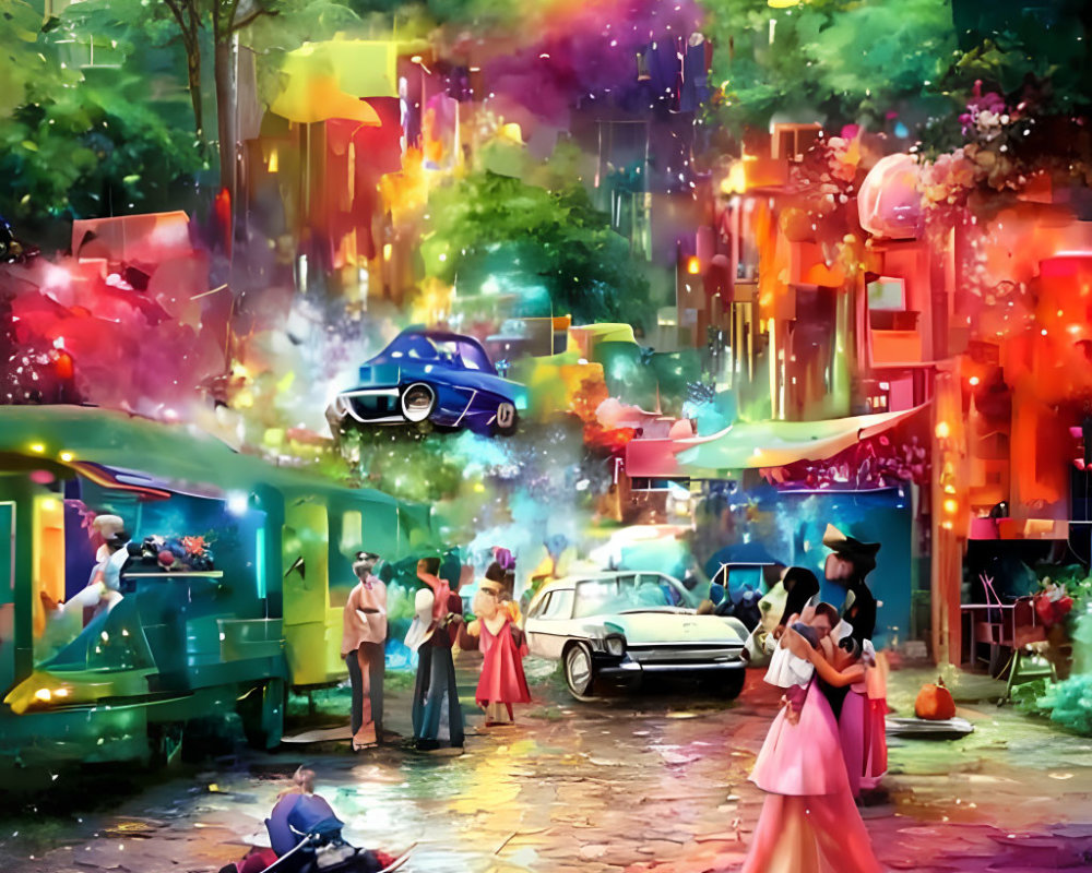 Colorful Street Scene with Vintage Car, Tram, and Painter