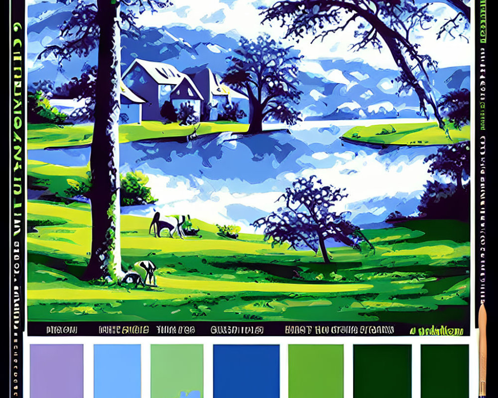 Colorful landscape painting with house, trees, lake, horses, and palette