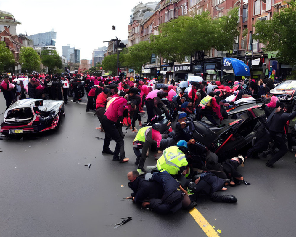 Chaotic urban street scene with pink-shirted people and police officers around flipped car