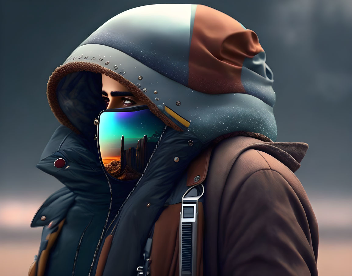 Futuristic hooded jacket with high-tech visor in desert landscape
