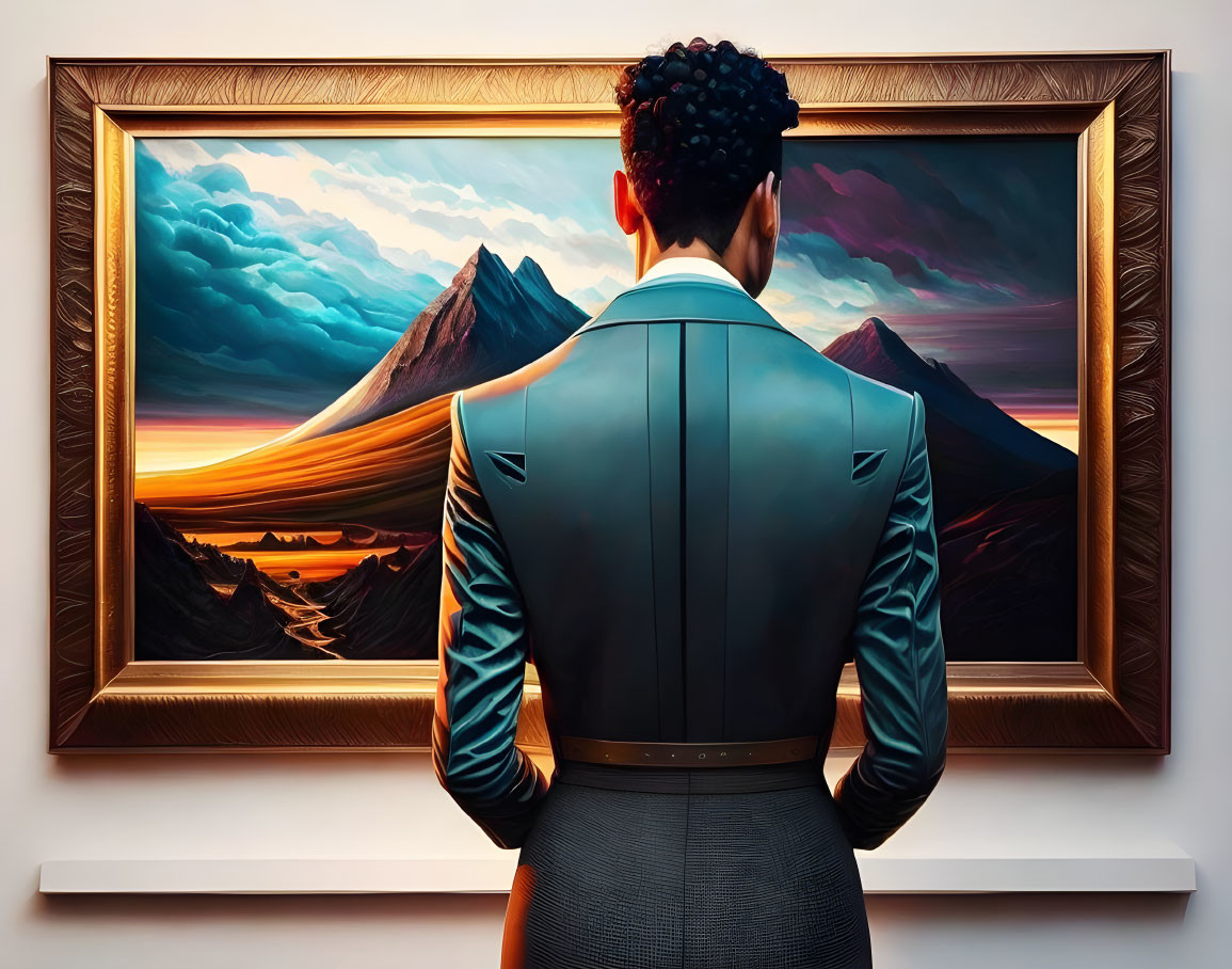Person in Blue Suit Standing by Landscape Painting with Mountains and Sunset
