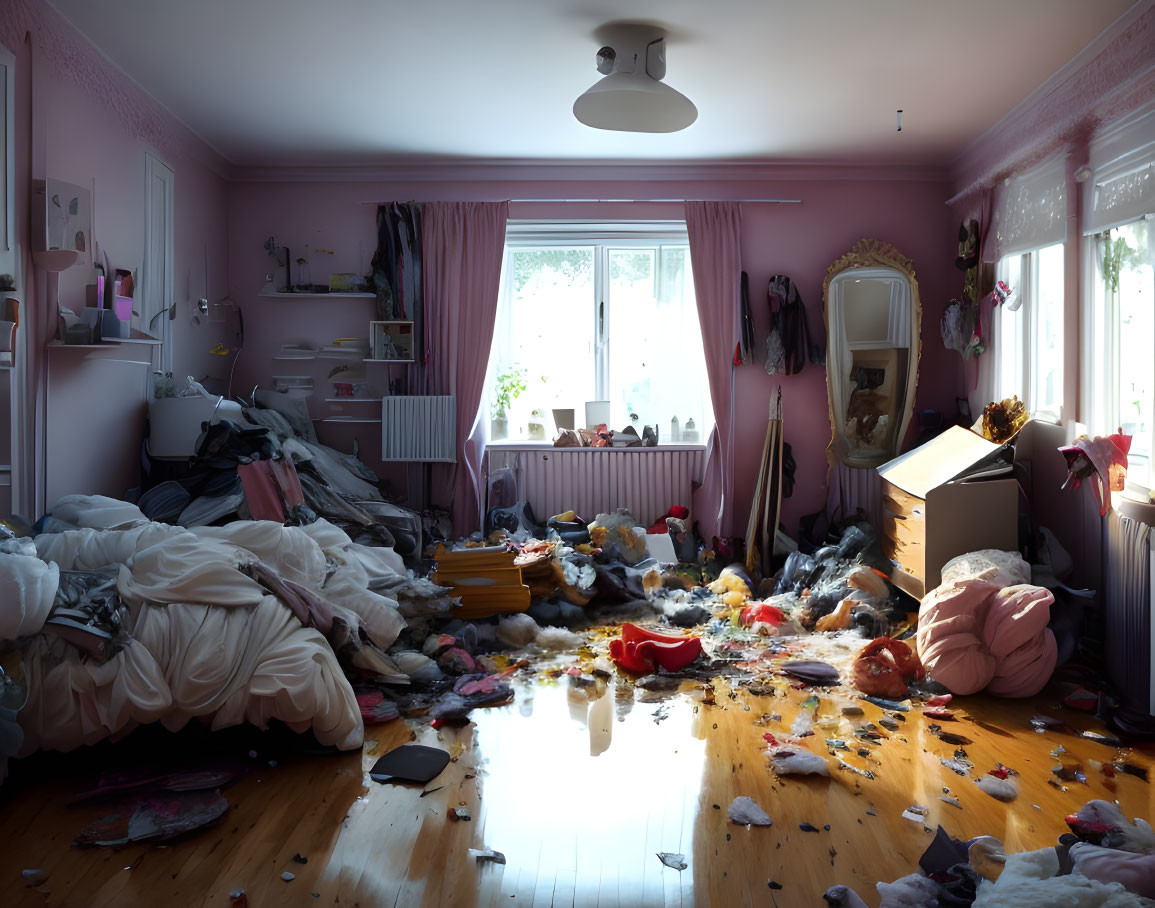 Disheveled bedroom with scattered clothes and debris