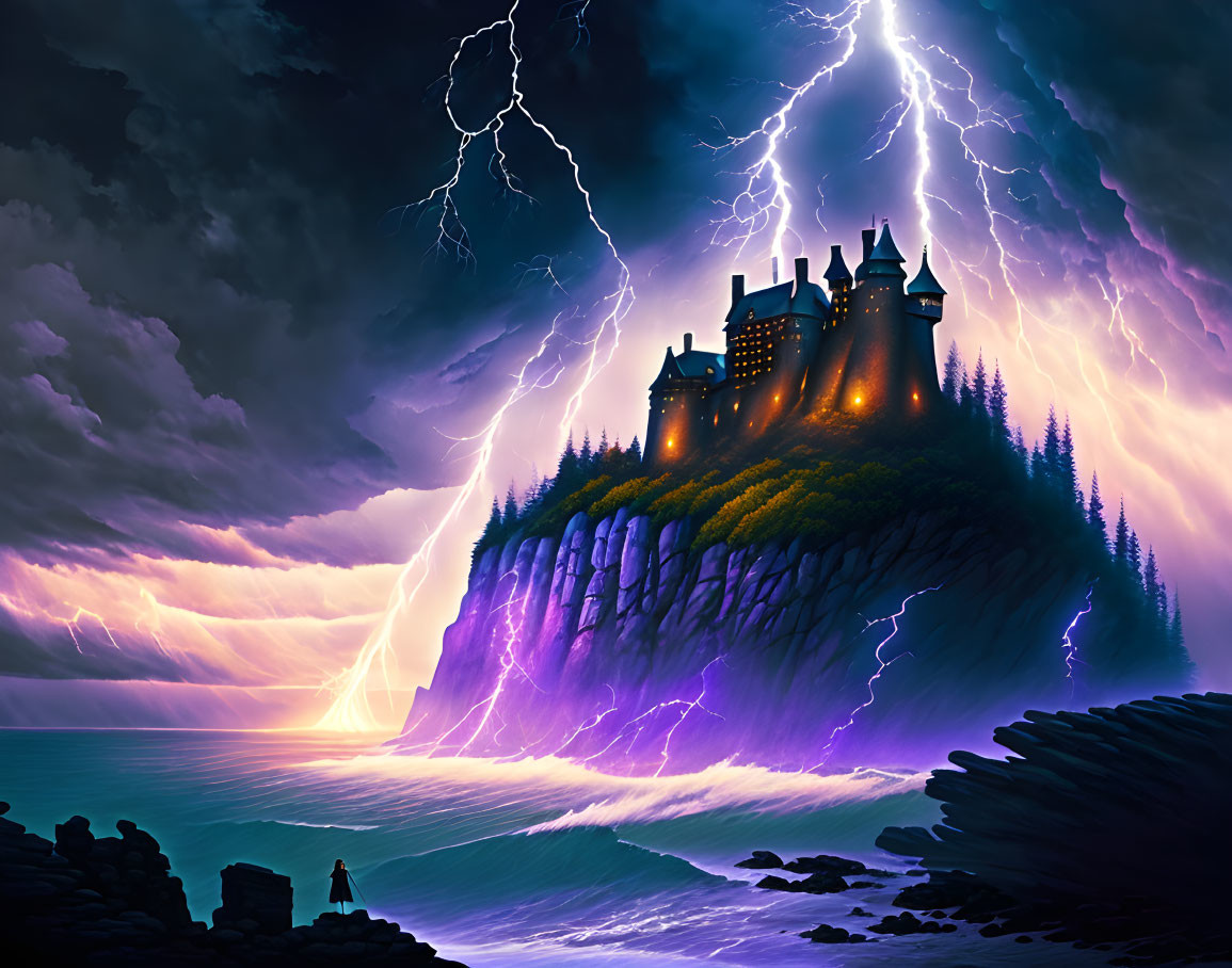 Detailed artwork of castle on cliff in storm with solitary figure.