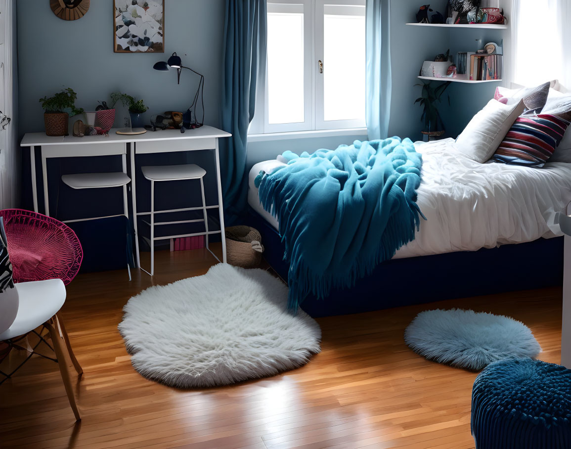 Blue Bed, White Rug, Hardwood Floor, Desk & Chairs, Bright Window - Cozy Bedroom