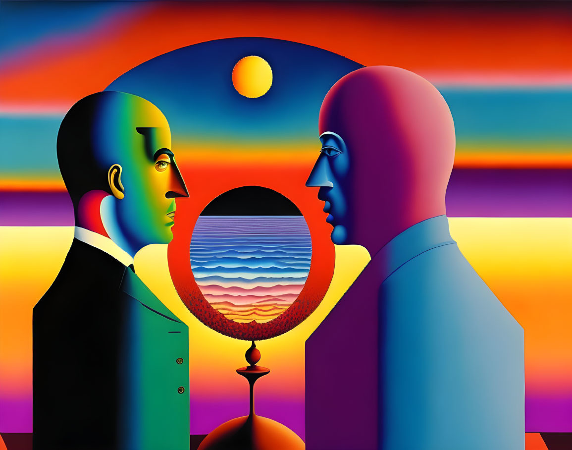 Colorful Silhouettes of Male Figures in Striped Sunset Sky