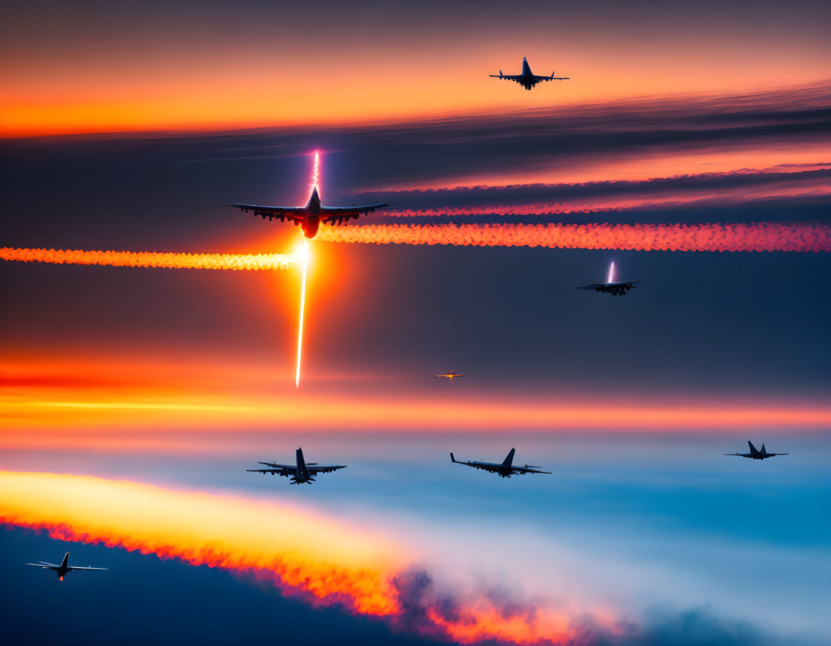 Planes dogfighting at sunset