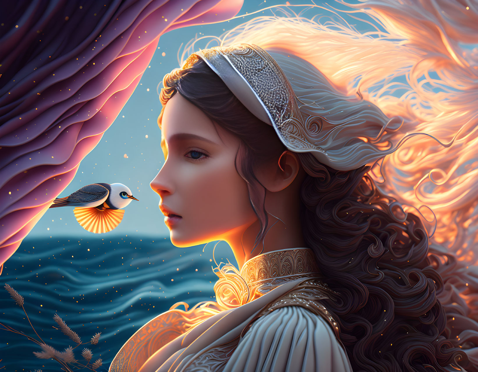 Curly-haired woman with diadem gazes beside bird in starry twilight scene