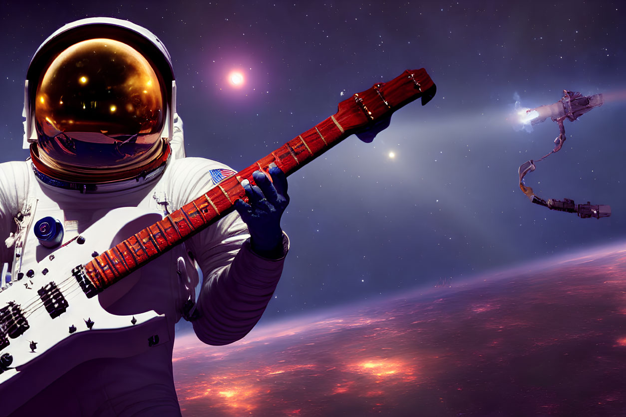 Golden-helmeted astronaut plays red guitar in space with stars and galaxy in background.