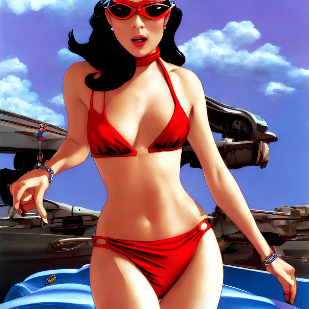 Stylized image of woman in red bikini with retro sunglasses and classic convertible car