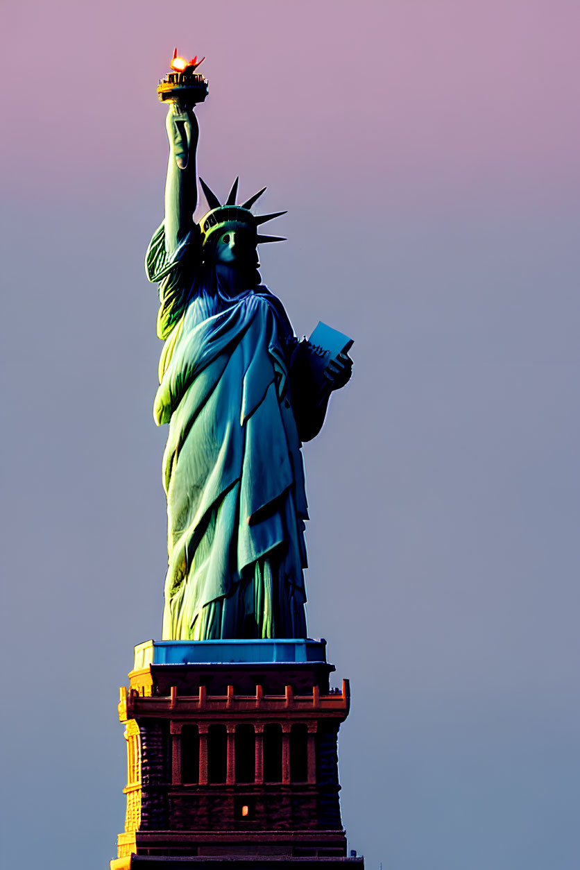 Iconic Statue of Liberty at twilight with glowing torch and green patina against warm sky