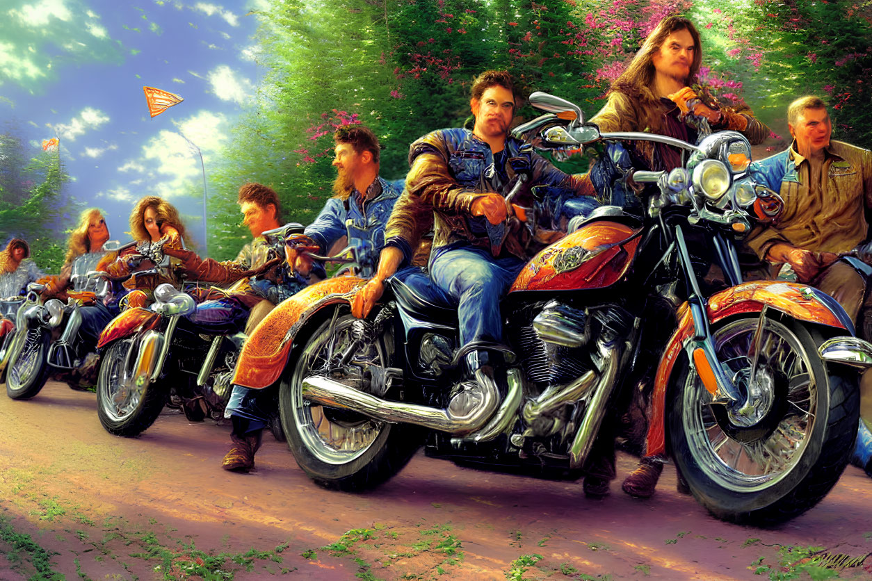 Motorcyclists in denim and leather gear on classic bikes in natural setting