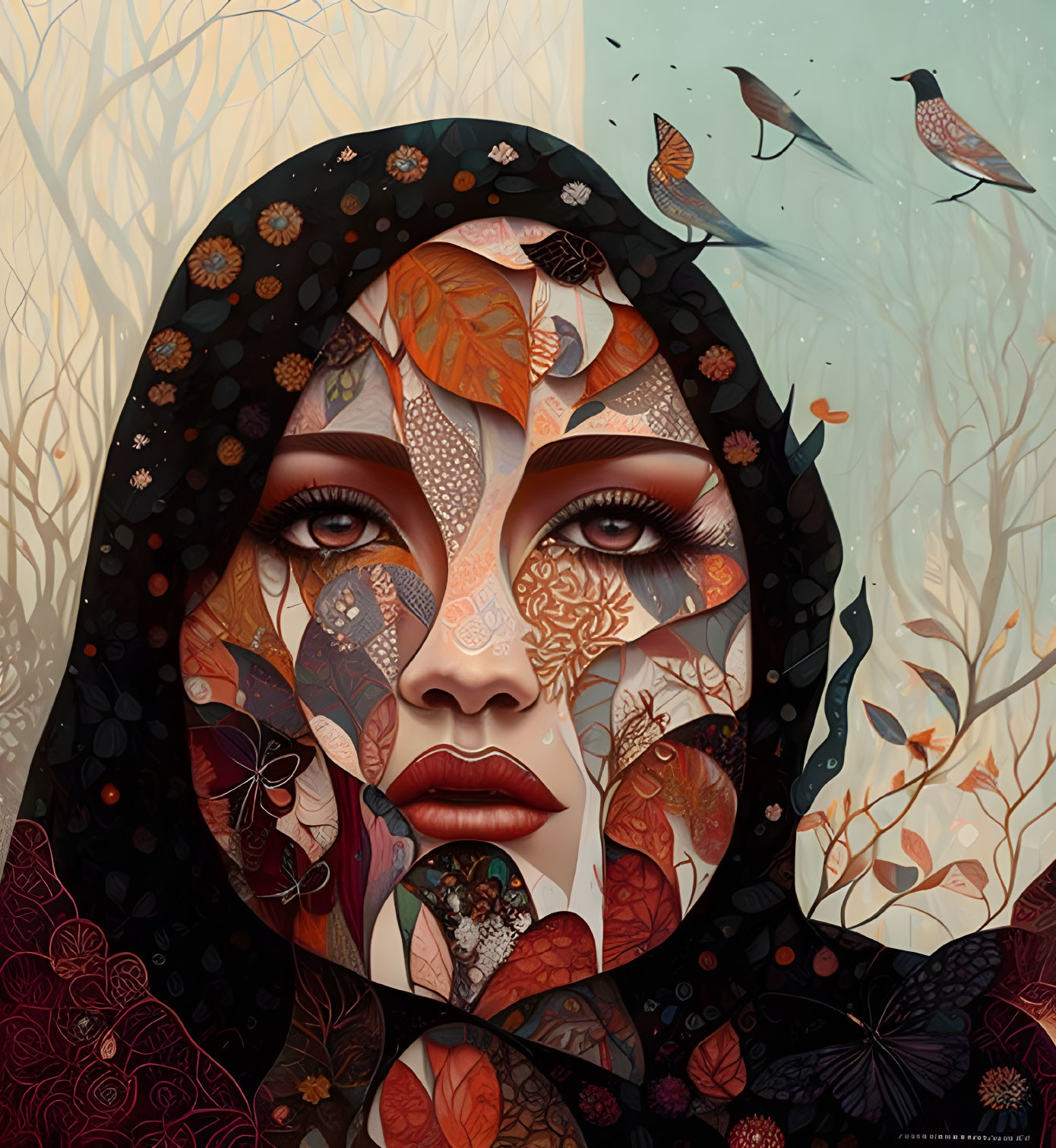 Illustration: Woman's face merges with nature elements like autumn leaves, butterflies, and birds on neutral