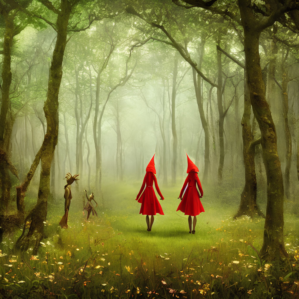 Misty green forest with figures in red cloaks and whimsical creature