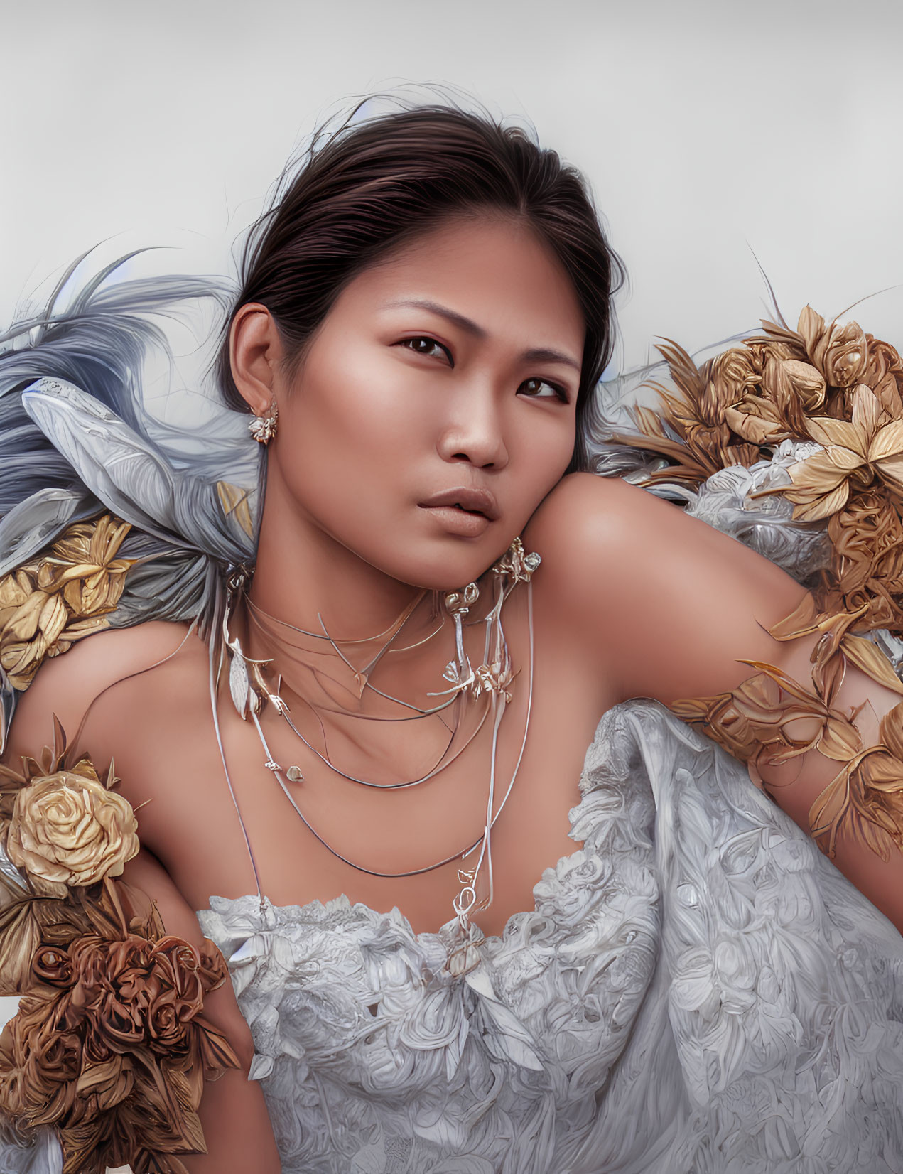 Woman adorned with delicate jewelry in golden flower and feather setting