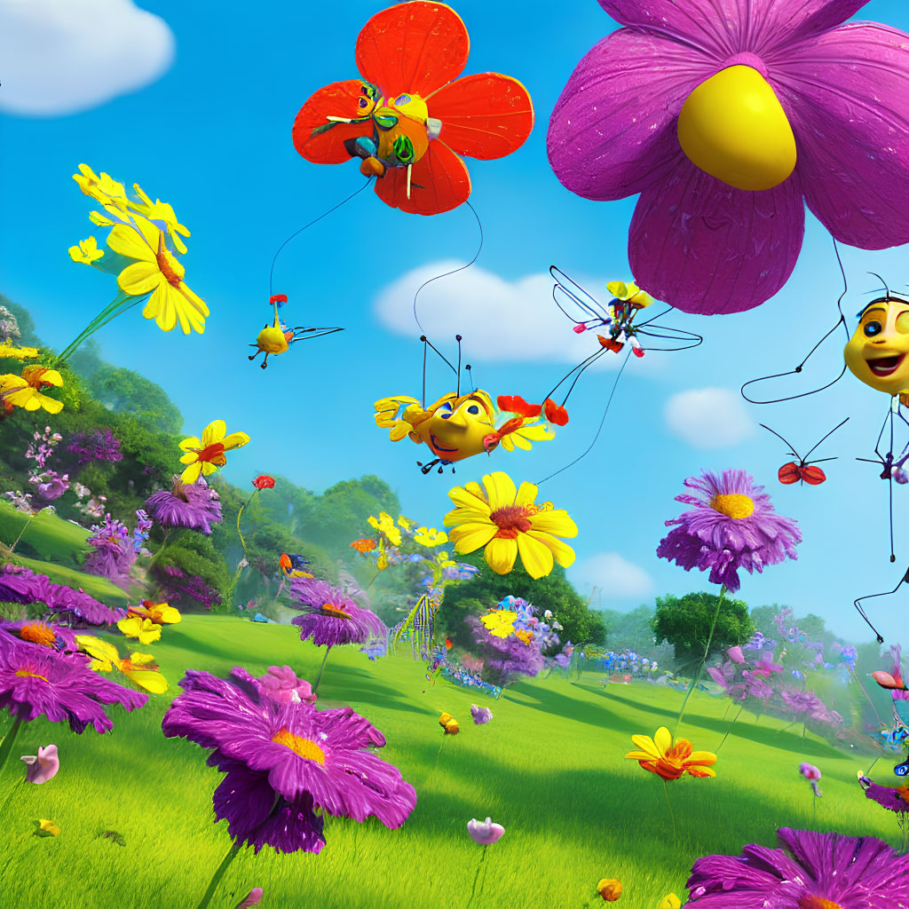 Colorful Animated Bees Among Vibrant Flowers