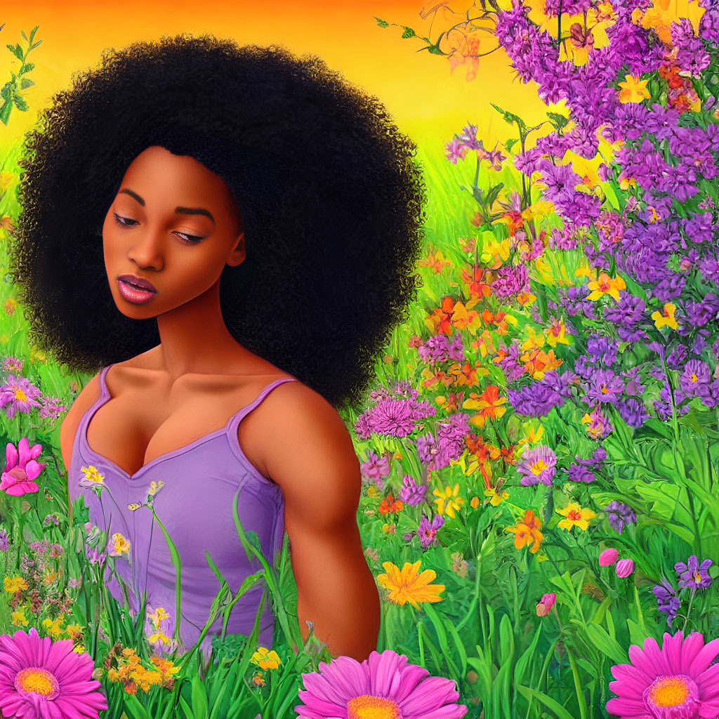 Illustrated woman with afro hair in vibrant floral setting at sunset