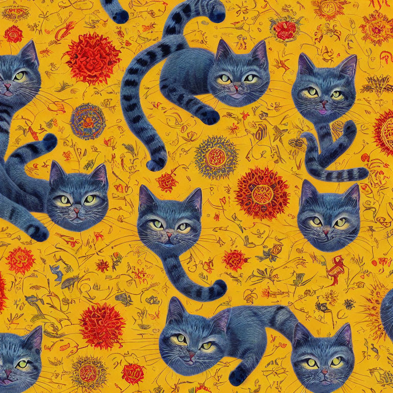 Colorful pattern of grey cats in various poses on bright yellow background