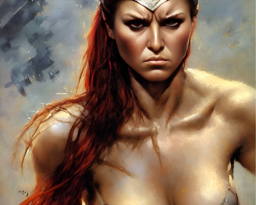 Intense warrior woman with fiery hair and metallic armor