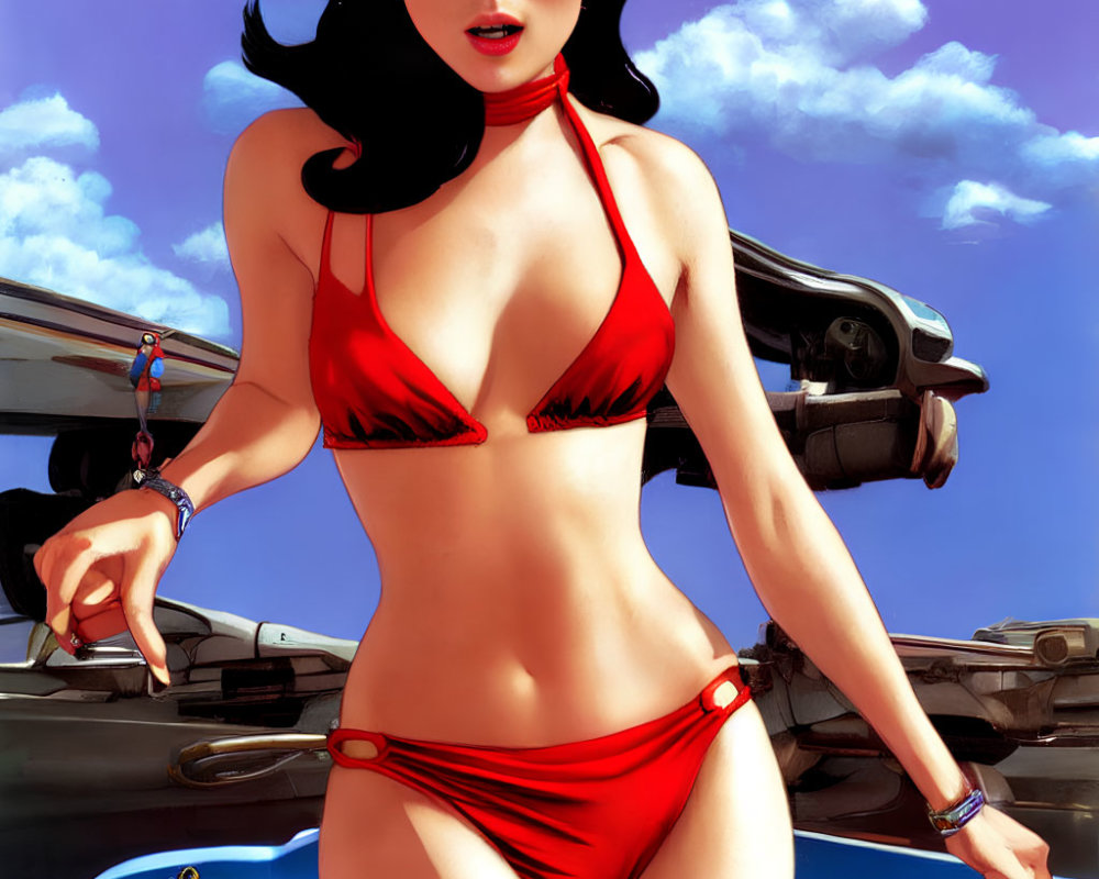 Stylized image of woman in red bikini with retro sunglasses and classic convertible car