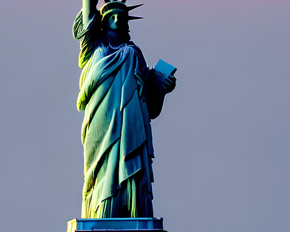 Iconic Statue of Liberty at twilight with glowing torch and green patina against warm sky