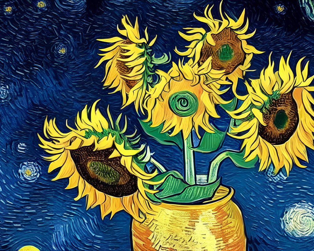 Digital Artwork: Vibrant Sunflowers in Vase with Starry Night Sky