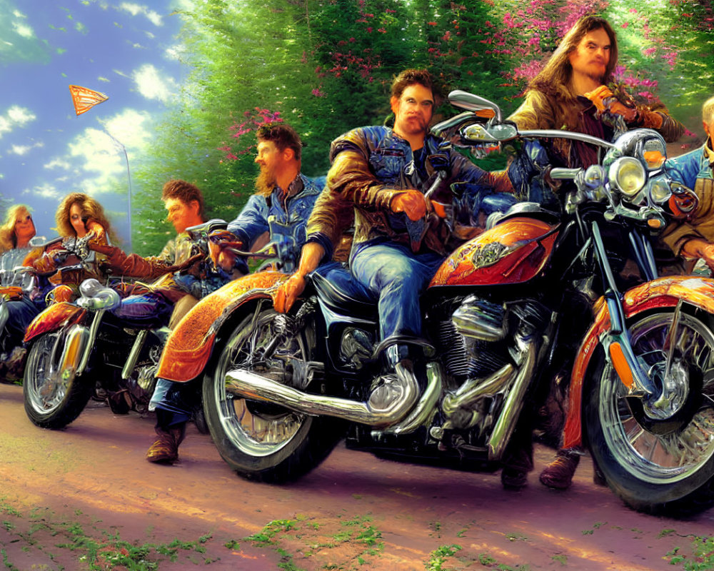 Motorcyclists in denim and leather gear on classic bikes in natural setting