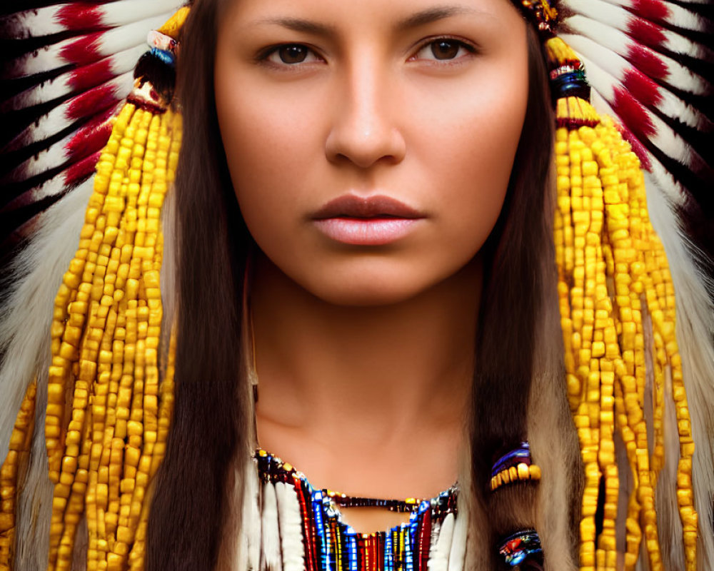 Neutral-faced woman in Native American headdress with white, red, black feathers & yellow beadwork