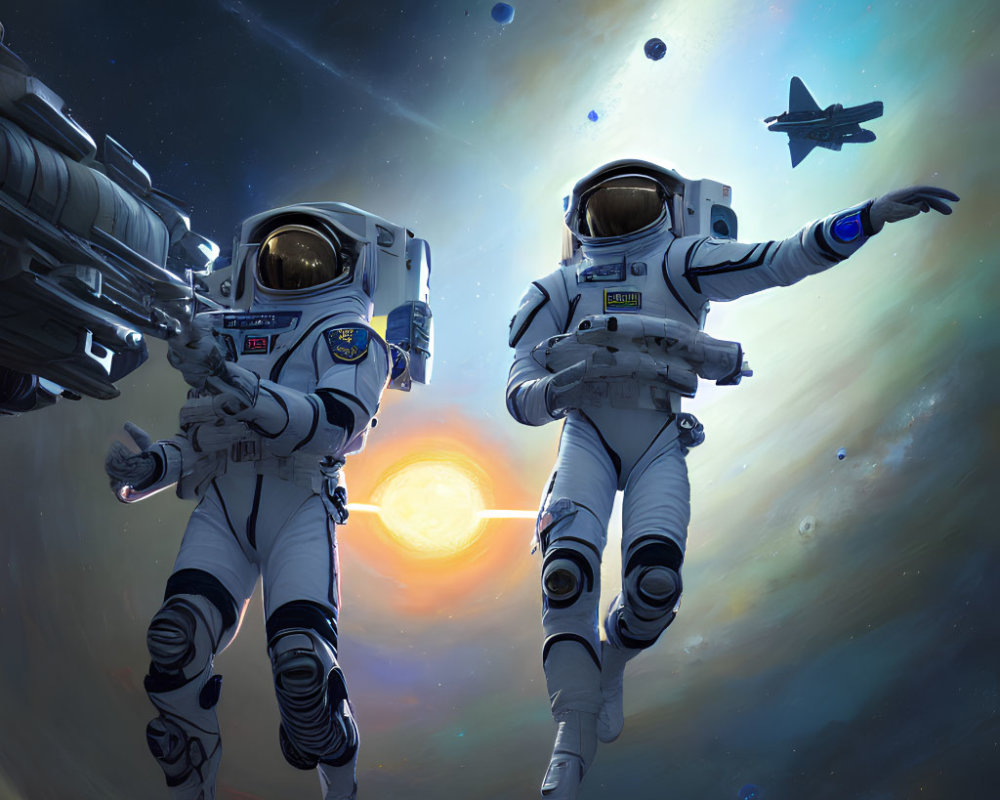 Astronauts floating near space station with sun, spacecraft, stars, and debris.