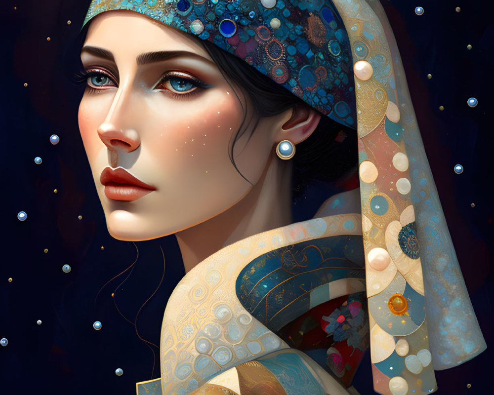 Portrait of Woman with Decorative Headpiece and Cloak Amidst Starry Background