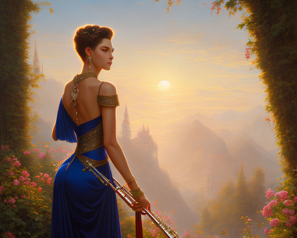 Woman in Blue Dress Admiring Sunset Over Mountainous Landscape