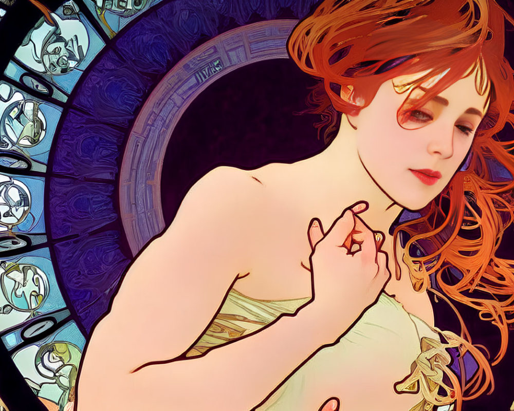 Red-haired woman in Art Nouveau style with zodiac signs background