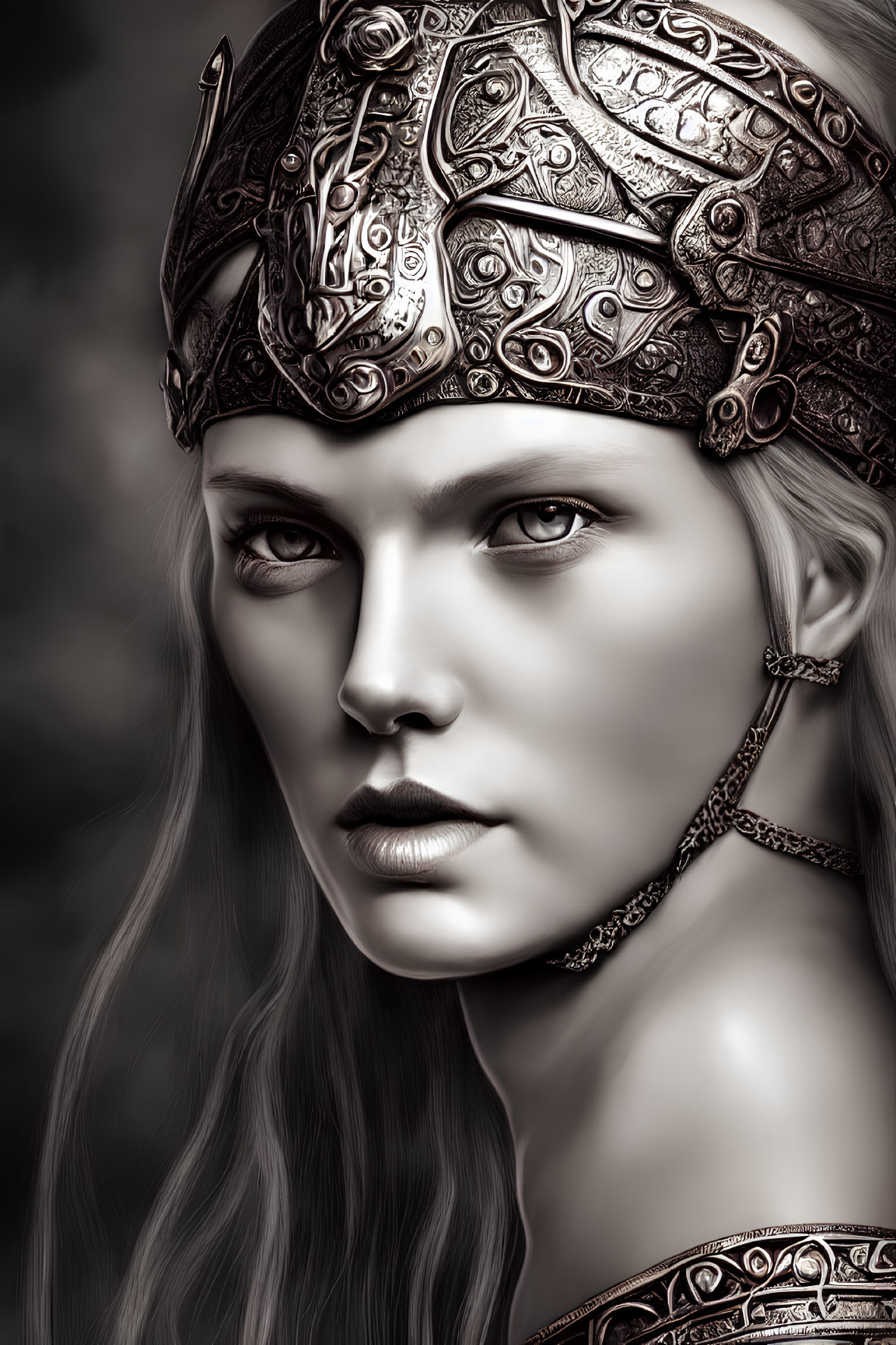 Monochrome portrait of a woman with metallic headgear and ornate jewelry