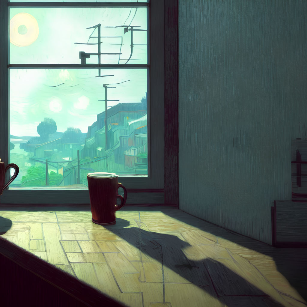 Sunlit room with coastal town view through window and coffee cup on table casting shadow