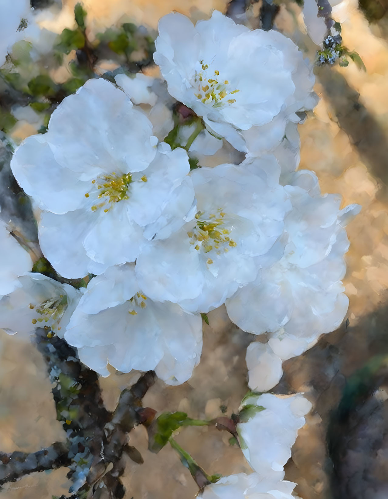 Cluster of White Blossoms with Yellow Centers on Blurred Background