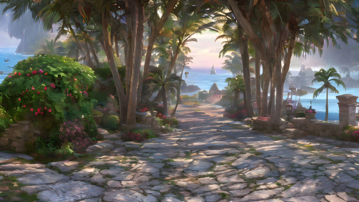Tranquil Tropical Pathway with Palm Trees and Ocean View