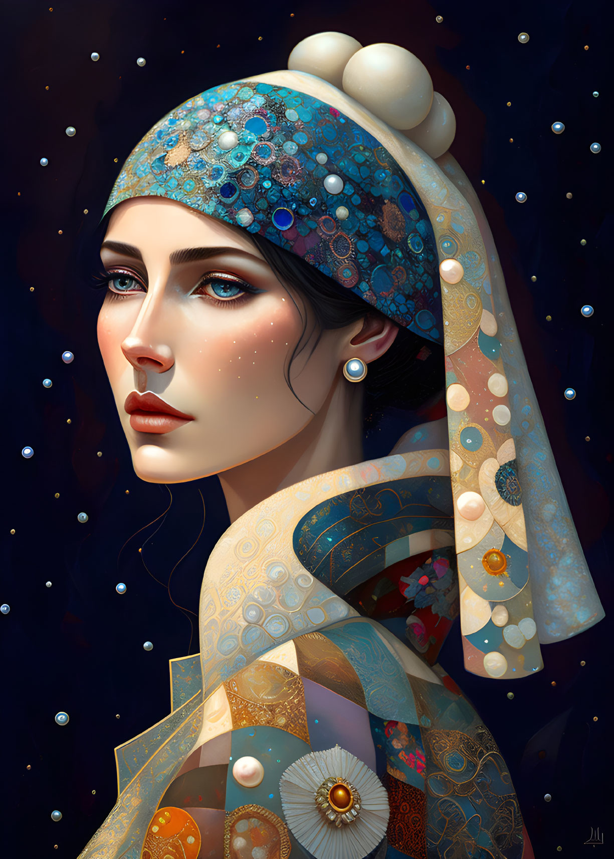 Portrait of Woman with Decorative Headpiece and Cloak Amidst Starry Background